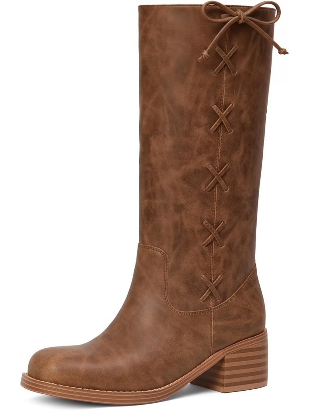 Women's Lace Brown Chunky Block Low Heel Square Toe Trendy Stylish Mid Calf Boot